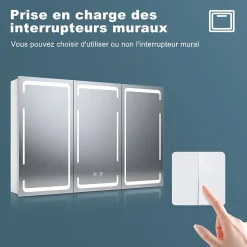 Armoire de toilette LED Blanc 90x60cm SIRHONA avec 3 porte Miroir de salle de bain avec armoire de rangement