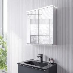 Armoire de toilette MFC 2 portes miroirs, éclairage LED, prise de courant intérieure + 2 tablettes verre, 60x71x19cm (LxHxP), VARO