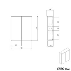 Armoire de toilette MFC 2 portes miroirs, éclairage LED, prise de courant intérieure + 2 tablettes verre, 60x71x19cm (LxHxP), VARO