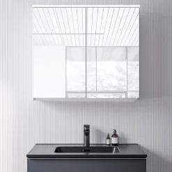 Armoire de toilette MFC 2 portes miroirs, éclairage LED, prise de courant intérieure + 2 tablettes verre, 80x71x19cm (LxHxP), VARO