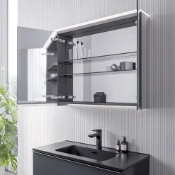 Armoire de toilette MFC 2 portes miroirs, éclairage LED, prise de courant intérieure + 2 tablettes verre, 80x71x19cm (LxHxP), VARO