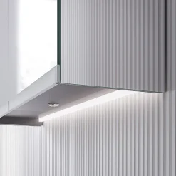 Armoire de toilette MFC 2 portes miroirs, éclairage LED, prise de courant intérieure + 2 tablettes verre, 80x71x19cm (LxHxP), VARO