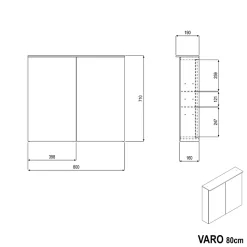 Armoire de toilette MFC 2 portes miroirs, éclairage LED, prise de courant intérieure + 2 tablettes verre, 80x71x19cm (LxHxP), VARO