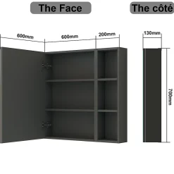 Armoire de Toilette Mural avec Miroir Niches Intégrées et Rangement Fermé - Moderne, Anthracite, 80x70 cm, AICA Sanitaire