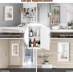 Armoire de Toilette Murale Meuble Mural Salle de Bain en MDF Pente NC avec 1 Porte et Miroir Etagere de Rangement Blanche