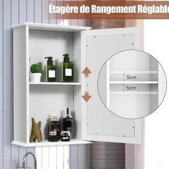 Armoire de Toilette Murale Meuble Mural Salle de Bain en MDF Pente NC avec 1 Porte et Miroir Etagere de Rangement Blanche