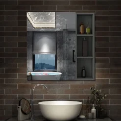 Armoire de Toilette Mural avec Miroir Niches Intégrées et Rangement Fermé - Moderne, Anthracite, 60x70 cm, AICA Sanitaire
