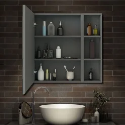 Armoire de Toilette Mural avec Miroir Niches Intégrées et Rangement Fermé - Moderne, Anthracite, 60x70 cm, AICA Sanitaire