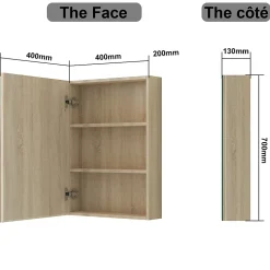 Armoire de Toilette Mural avec Miroir et Rangement - Moderne, Chêne, 50x70 cm, AICA Sanitaire