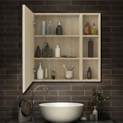 Armoire de Toilette Mural avec Miroir Niches Intégrées et Rangement Fermé - Moderne,Chêne, 70x70 cm, AICA Sanitaire