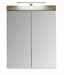 Armoire de toilette murale mélaminé avec bandeau lumineux blanc/chêne - 2 portes miroir. L - H - P : 60 - 77 - 17 cm