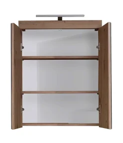 Armoire de toilette murale mélaminé avec bandeau lumineux blanc/chêne - 2 portes miroir. L - H - P : 60 - 77 - 17 cm