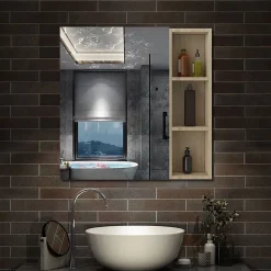 Armoire de Toilette Mural avec Miroir Niches Intégrées et Rangement Fermé - Moderne,Chêne, 80x70 cm, AICA Sanitaire