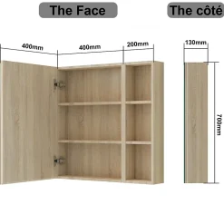 Armoire de Toilette Mural avec Miroir Niches Intégrées et Rangement Fermé - Moderne,Chêne, 60x70 cm, AICA Sanitaire