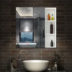 Armoire de Toilette Mural avec Miroir Niches Intégrées et Rangement Fermé - Moderne, Blanc, 60x70 cm, AICA Sanitaire