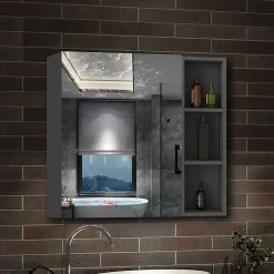 Armoire de Toilette Mural avec Miroir Niches Intégrées et Rangement Fermé - Moderne, Anthracite, 70x70 cm, AICA Sanitaire
