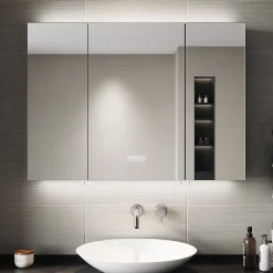 Armoire de toilette SIRHONA Extra Large Miroir 90x65 cm + Grand Rangement + Température LED tricolore + Anti-buée + Prise rasoir