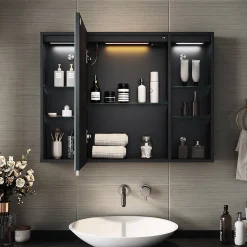 Armoire de toilette SIRHONA Grand Rangement 60x75 cm + Interrupteur tactile + Température LED tricolore + Anti-buée + Prise rasoir