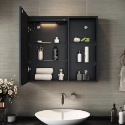Armoire de toilette SIRHONA Etagère de Rangement 65x60cm+Touch+LED Température Tri-Couleur+ Anti-buée+Prise rasoir
