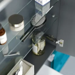 Armoire de toilette suspendue Anthracite mat 80x18x70cm (LxPxH) 2 portes miroir, éclairage LED, tablettes en verre - SOLO