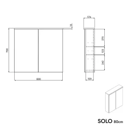 Armoire de toilette suspendue Anthracite mat 80x18x70cm (LxPxH) 2 portes miroir, éclairage LED, tablettes en verre - SOLO