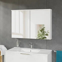 Armoire de toilette suspendue Blanc mat 100x18x70cm (LxPxH) 2 portes miroir, éclairage LED, tablettes en verre - SOLO