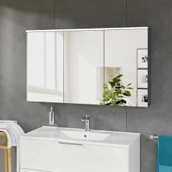 Armoire de toilette suspendue Anthracite mat 120x18x70cm (LxPxH) 2 portes miroir, éclairage LED, tablettes en verre - SOLO