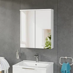 Armoire de toilette suspendue Blanc mat 60x18x70cm (LxPxH) 2 portes miroir, éclairage LED, tablettes en verre - SOLO