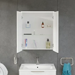 Armoire de toilette suspendue Blanc mat 60x18x70cm (LxPxH) 2 portes miroir, éclairage LED, tablettes en verre - SOLO