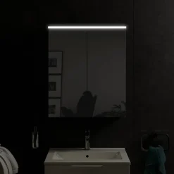 Armoire de toilette suspendue Blanc mat 60x18x70cm (LxPxH) 2 portes miroir, éclairage LED, tablettes en verre - SOLO