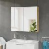 Armoire de toilette suspendue Chêne miel 80x18x70cm (LxPxH) 2 portes miroir, éclairage LED, tablettes en verre - SOLO