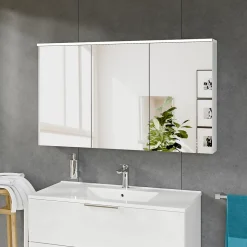Armoire de toilette suspendue Blanc mat 120x18x70cm (LxPxH) 2 portes miroir, éclairage LED, tablettes en verre - SOLO