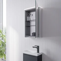 Armoire de toilette suspendue miroir 40x19x71cm (LxPxH), charnière à droite, éclairage LED, tablettes en verre - VARO