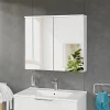 Armoire de toilette suspendue Blanc mat 80x18x70cm (LxPxH) 2 portes miroir, éclairage LED, tablettes en verre - SOLO