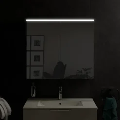 Armoire de toilette suspendue Blanc mat 80x18x70cm (LxPxH) 2 portes miroir, éclairage LED, tablettes en verre - SOLO
