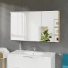 Armoire de toilette suspendue Chêne miel 120x18x70cm (LxPxH) 2 portes miroir, éclairage LED, tablettes en verre - SOLO