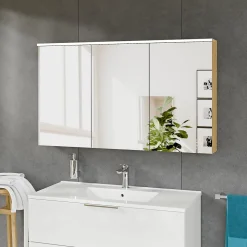 Armoire de toilette suspendue Chêne miel 120x18x70cm (LxPxH) 2 portes miroir, éclairage LED, tablettes en verre - SOLO