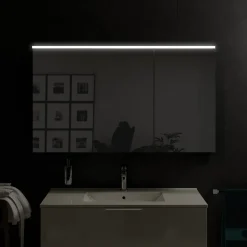 Armoire de toilette suspendue Chêne miel 120x18x70cm (LxPxH) 2 portes miroir, éclairage LED, tablettes en verre - SOLO