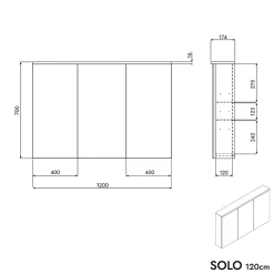 Armoire de toilette suspendue Chêne miel 120x18x70cm (LxPxH) 2 portes miroir, éclairage LED, tablettes en verre - SOLO
