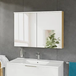 Armoire de toilette suspendue Anthracite mat 100x18x70cm (LxPxH) 2 portes miroir, éclairage LED, tablettes en verre - SOLO