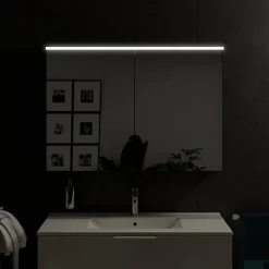 Armoire de toilette suspendue Anthracite mat 100x18x70cm (LxPxH) 2 portes miroir, éclairage LED, tablettes en verre - SOLO