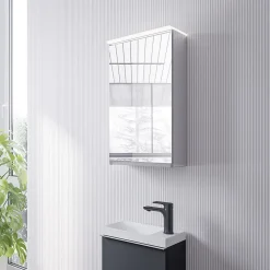 Armoire de toilette suspendue miroir 40x19x71cm (LxPxH), charnière à gauche, éclairage LED, tablettes en verre - VARO