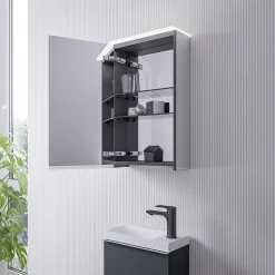 Armoire de toilette suspendue miroir 40x19x71cm (LxPxH), charnière à gauche, éclairage LED, tablettes en verre - VARO