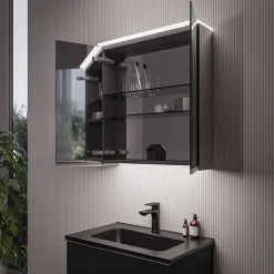 Armoire de toilette suspendue miroir 40x19x71cm (LxPxH), charnière à gauche, éclairage LED, tablettes en verre - VARO