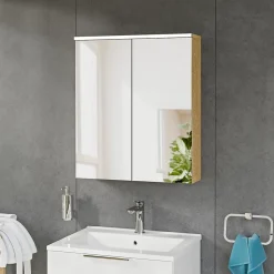 Armoire de toilette suspendue Chêne miel 60x18x70cm (LxPxH) 2 portes miroir, éclairage LED, tablettes en verre - SOLO