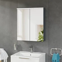 Armoire de toilette suspendue Anthracite mat 60x18x70cm (LxPxH) 2 portes miroir, éclairage LED, tablettes en verre - SOLO