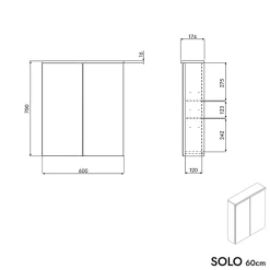 Armoire de toilette suspendue Anthracite mat 60x18x70cm (LxPxH) 2 portes miroir, éclairage LED, tablettes en verre - SOLO
