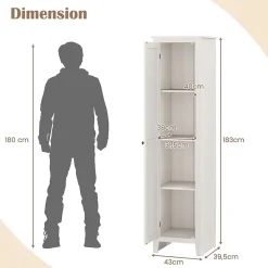 Armoire haute et étroite, étagère à 4 compartiments et porte, peu encombrante, grand espace de rangement, 43 x 19,5 x 183 cm.