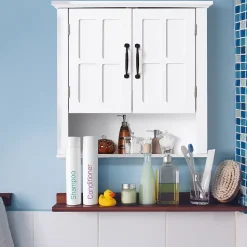 Armoire haute murale de salle de bain ou WC 2 portes 2 étagères niche dim. 60 x 20 x 58 cm blanc