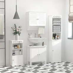 Armoire haute murale salle de bain ou WC - placard 2 portes persiennes avec étagère - porte-serviette - MDF blanc